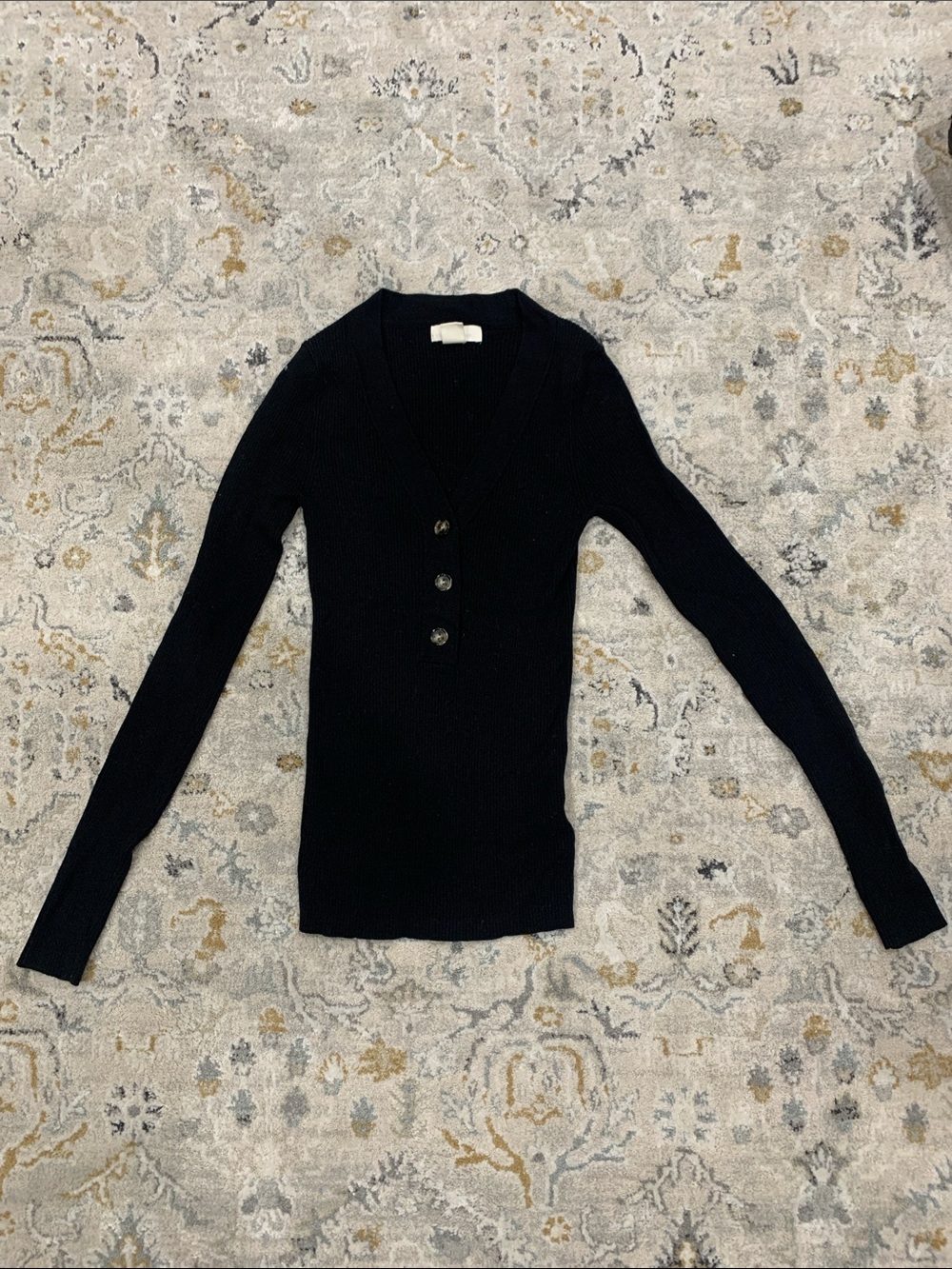 H&M Black Ribbed V-Neck Long Sleeve Top with Button Placket